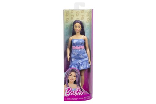 Barbie modelka - modré šaty s motýlky