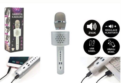 Mikrofon karaoke Bluetooth stříbrný na baterie s USB kabelem v krabici 10x28x8,5cm