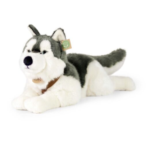 Velký plyšový pes husky s postrojem ležící 60 cm ECO-FRIENDLY