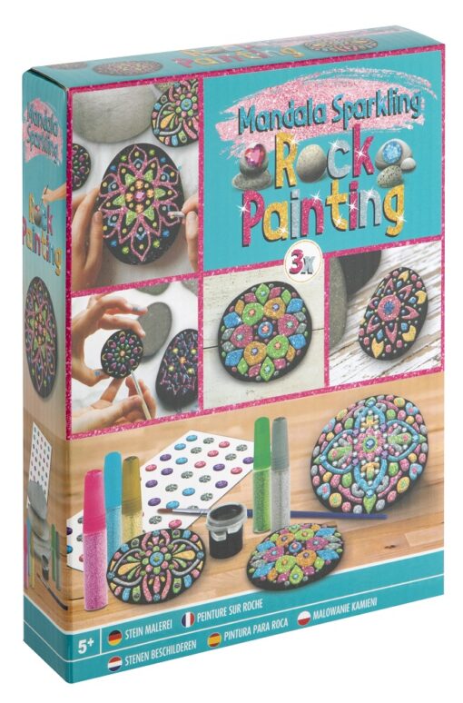 Kreativní set malování kamínků mandala 3 kamínky a 5 glitterových barev/lepidel