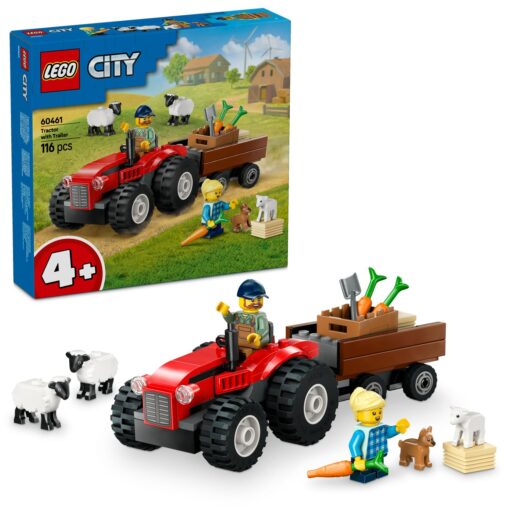 Červený traktor s přívěsem a ovcemi